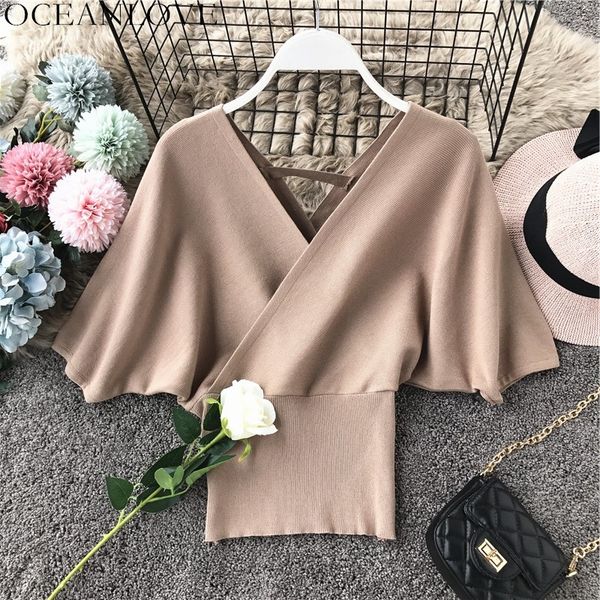 

oceanlove solid v-neck sweater women batwing sleeve short slim women 2019 autumn korean fashion casaco feminino 12221, White;black