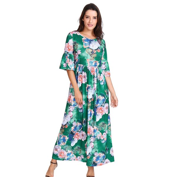 

fashion summer dress female 2018 women casual floral printed o-neck flare sleeve ruffled pocket long dress elbise robe vestidos, Black;gray