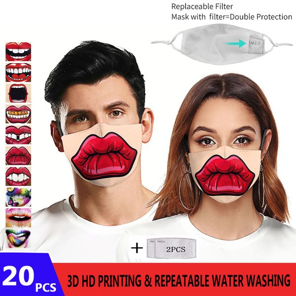 

cool 3d printing red big mouth pattem grimace character pattern adults reusable protective pm.25 face masks 5 layers filters