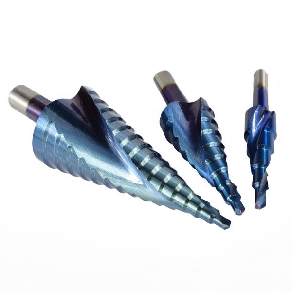 

3pcs 4-12/20/32 mm hss spiral grooved center solid carbide drill bit p6m5 super blue nano coating step cone drill bit