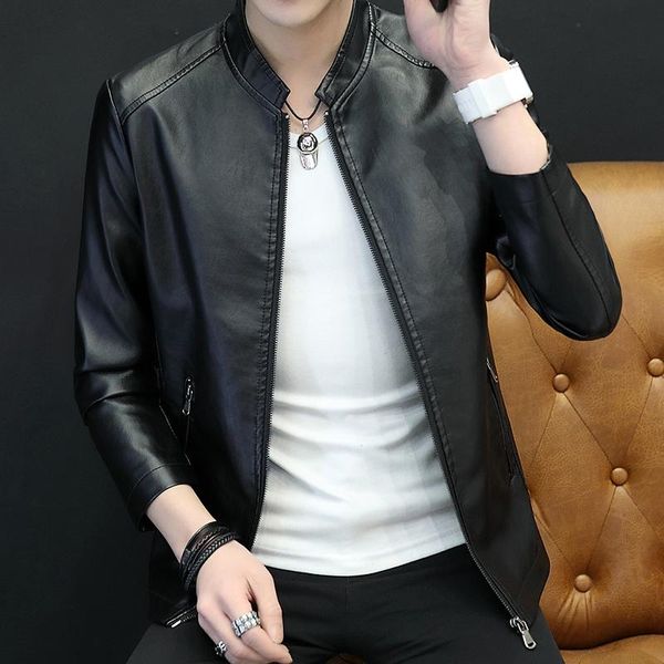 

2019 spring and autumn summer casual fashion men's collar solid color leather jacket coat comfortable zipper men's slim jacket, Black;brown