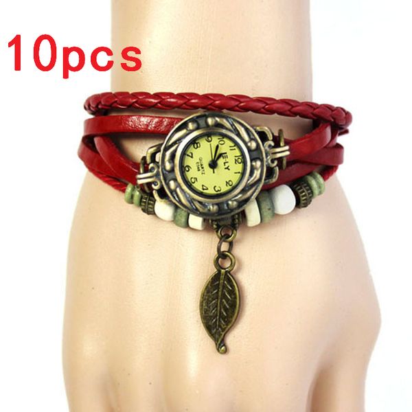 

10pcs otoky fashion leather bracelet watch women casual dress vintage leaf beads wristwatch luxury quartz women watch a30, Slivery;brown