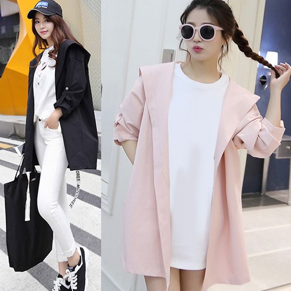 

women girl autumn coat hooded loose medium long preppy style spring trench coat ya88, Black;red