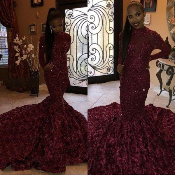 

new burgundy mermaid black girls prom dresses 2019 high neck sheer illusion long sleeves 3d floral train evening gowns plus size party dress