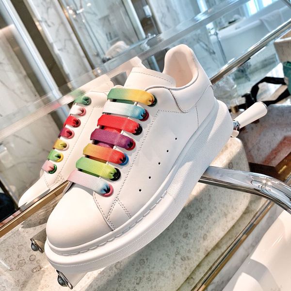 

big size 35 to 42 43 44 new white rainbow lace calf real leather platform shoes luxury designer sneakers, Black