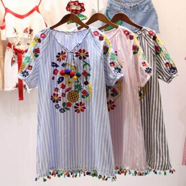 

women o neck embroidery striped dress tassel ball mujer faldas ladies fashion streetwear casual dresses vestidos mori girl, Black;gray