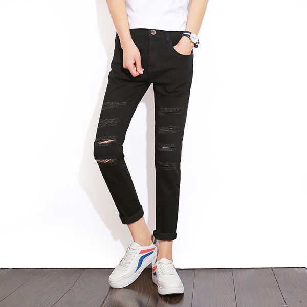 

clothing ripped pants men's wear cowboy summer black jeans men capri jeans japanese-style men's trousers, Blue