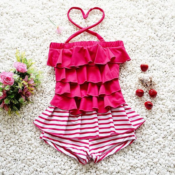 

children's women's cute striped girl's cake layer one-piece jumpsuit swimsuit boxer pants big girl's swimsuit, Black