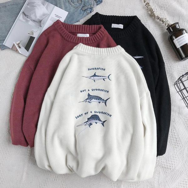 

2019 осень и зима новое качество личность тенденция вышивка свободные мужские сплошной цвет головы шею простой случайный свитер, White;black