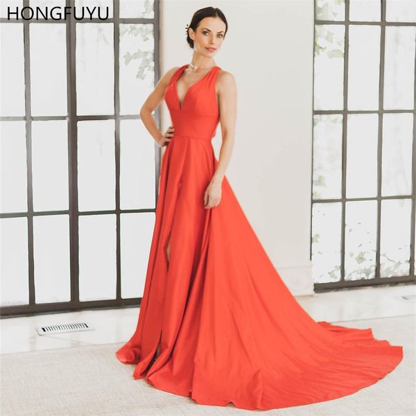 

hongfuyu chiffon simple prom dresses a-line v neck formal evening gowns with slit sleeveless party dress vestidos court train, White;black