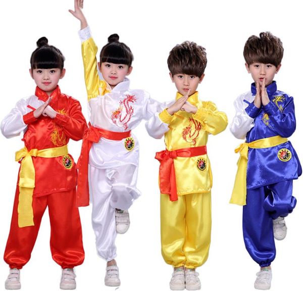

satin dragon embroidery tang suit hanfu for kids boys girls exercise kungfu wushu uniform chinese dance performance clothing set, Black;red