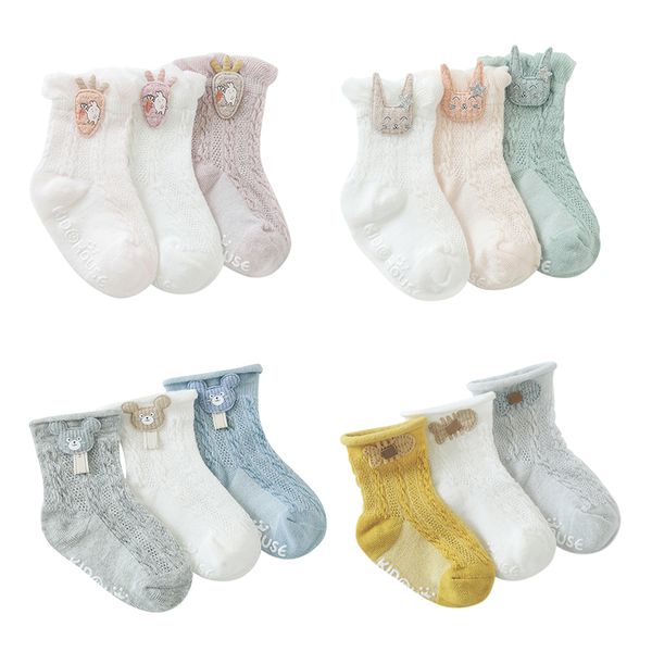 

3 pairs/set baby socks summer autumn baby thin section socks breathable mesh mid tube cartoon doll, Pink;yellow