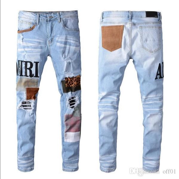 

new mens designer jeans old patchwork biker black jeans casual trousers cowboy brand zipper tear patch letter sale us size 28-40, Blue