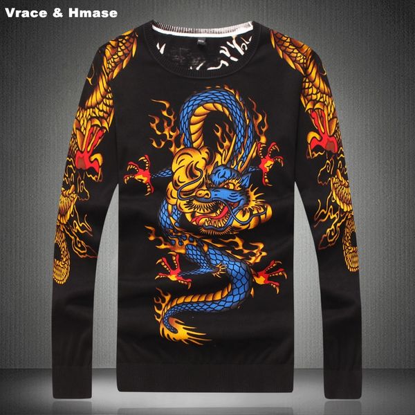 

chinese elements dragon pattern printing fashion slim knitted sweater autumn 2017 new soft comfortable quality sweater men -4xl, White;black