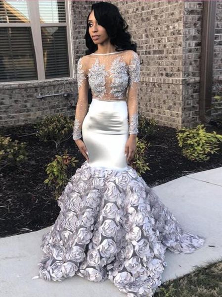 

2021 africa silver mermaid floral prom dresses long sleeve illusion plunging neck backless beaded women girls pageant dress lace evening par, Black