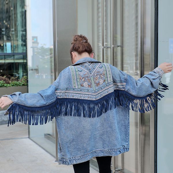 

women embroidery tassel rivet loose denim jackets coats female fashion streetwear hip hop punk casual jean jacket outerwear, Black;brown