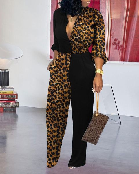 

colorblock insert leopard wide leg jumpsuit, Black;white