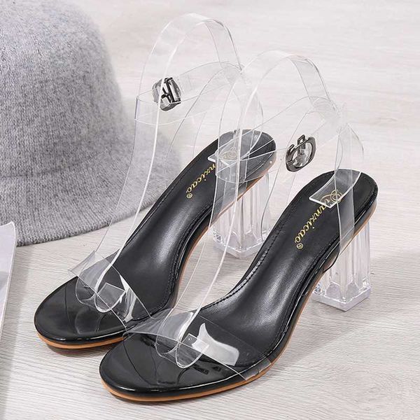 

clear ankle buckle band sandals woman korean stylish open toe gladiator sandalias femm transparent thick high heels shoes women, Black