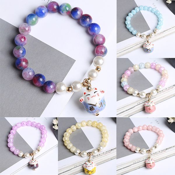 

women lucky cat beaded bracelets crystal charm bangle handmade fashionjewelry gift multicolor, Black