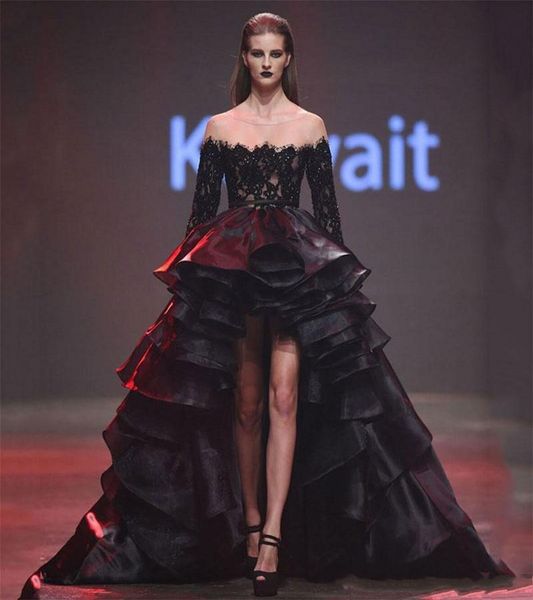 

runway fashion black high low evening dresses long sleeves vintage lace beaded elie saab prom dress party wear sheer neck, Black;red