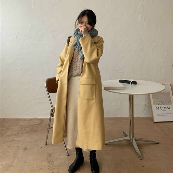 

women autumn winter yellow long wool coat elegant solid color long sleeve woolen overcoat turn-down collar jacket, Black