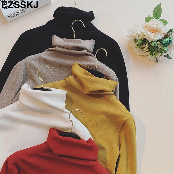 

2019 casual pile collar spring autumn basic knit sweater pullovers women long sleeve female loose turtleneck sweater elegant, White;black