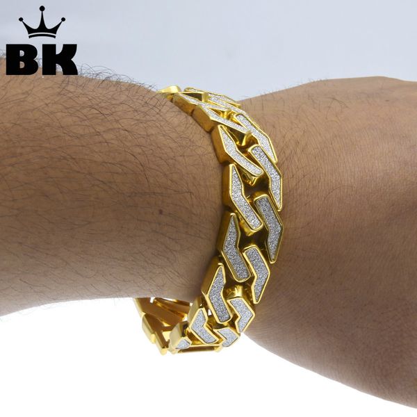 

new style sand blast bracelet cuban chain link hiphop gold tone heavy 15mm wide mens 8.5inch bracelet, Black