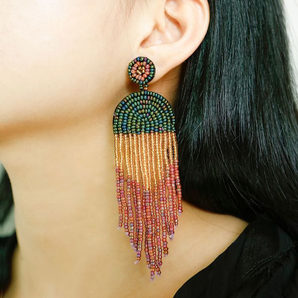 

ethnic style handmade multicolored beads fringe drop earrings boho handmade beads tassel drop earrings for woman fashion jewelry, Silver