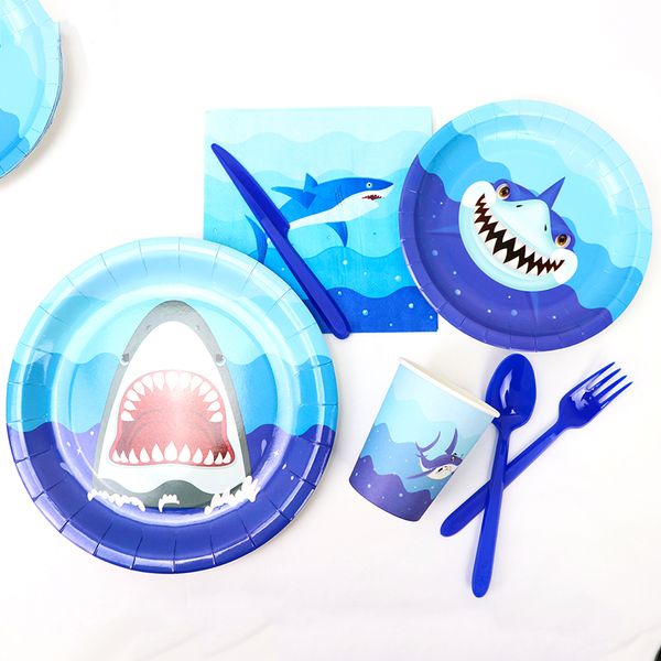

cartoon shark theme party disposable tableware set paper plate cups napkin baby shower children birthday party supplies decor