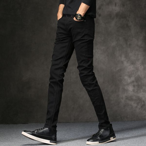

men elasticity skinny stretch slim black jeans fashion color collision man casual denim biker holes jeans pants classic style, Blue