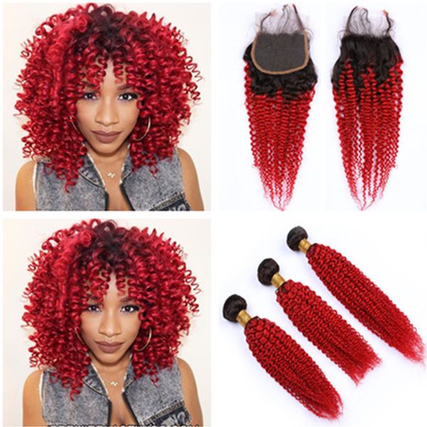 Kinky Curly Red Ombre Brazilian Hair Weaves With Closure 1b Red