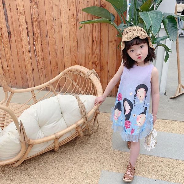 

2020 summer girls dresses sleeveless cute family character pattern design girls dresses, Red;yellow
