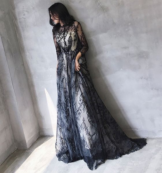 

elegant muslim a-line long sleeve balck prom dresses custom made lace evening gowns party dress for womens, Black