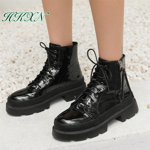 

hkxn 2019 women's flat platform ankle boots autumn patent leather boot black lace up creepers shoes fashion motorcycle boots
