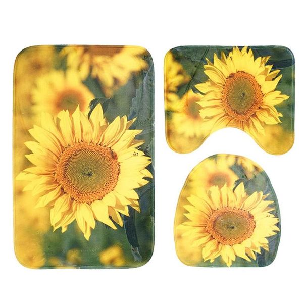 

3pcs/set sunflower pattern rugs non-slip mats bath floor toilet cover pads