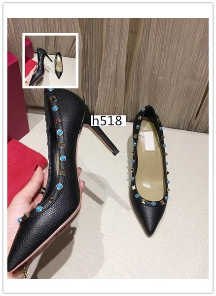 

latest luxury patent leather women pointed toe pumps fashion rivet stiletto high-heeled shoes, Black