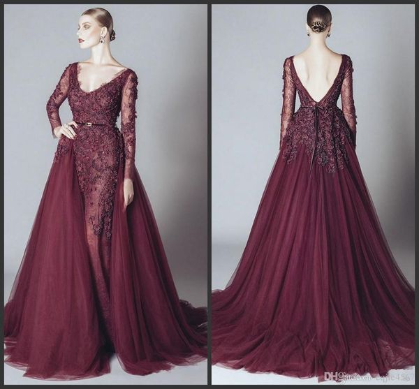 

элегантные кружева формальные бургундии знаменитости вечерние платья спинки v-образным вырезом с длинными рукавами 2019 новое платье арабски, Black;red