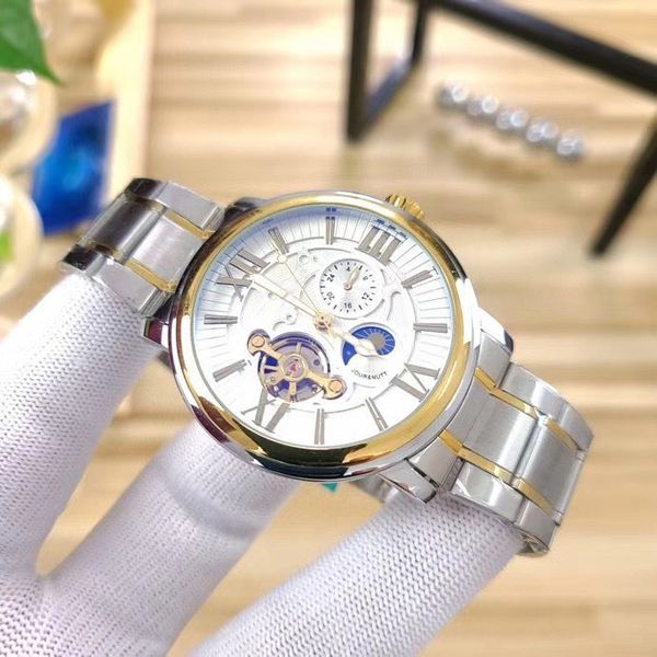 

высокое качество мужские часы мода механический автоматический механизм наручные часы фаза луны кожаный ремешок ремешок из нержавеющей стали, Slivery;brown