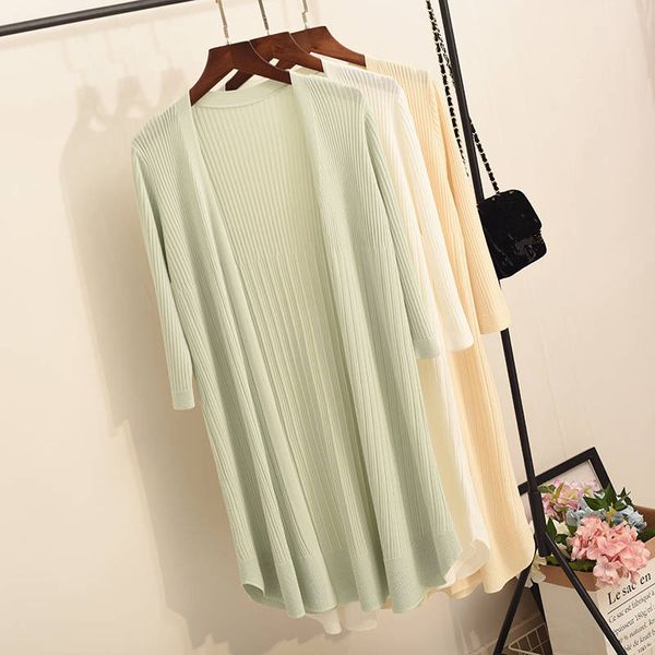 

women long cardigan jacket summer thin artificial ice silk knitted cardigans female casual loose sweater coat jacket women c5612, White