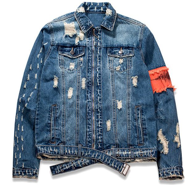 

front zipper destroyed jeans flight jacket men ripped denim jean jackets hip hop overcoats casual streetwear, Black;brown