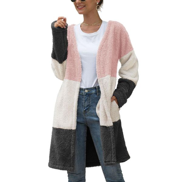 

2019 autumn and winter new women's fashion long sleeve three-color patchwork plush open stitch coat for women, Black