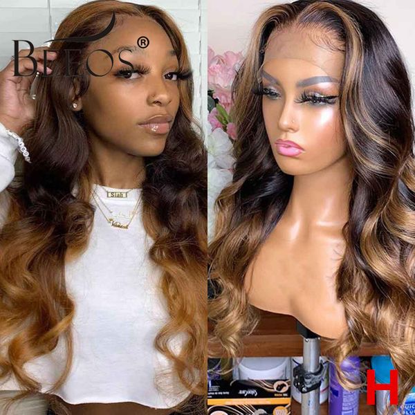 

beeos 13*6 180% deep part lace front human hair wig wavy wave ombre honey blonde bleached knots brazilian color remy hair, Black;brown