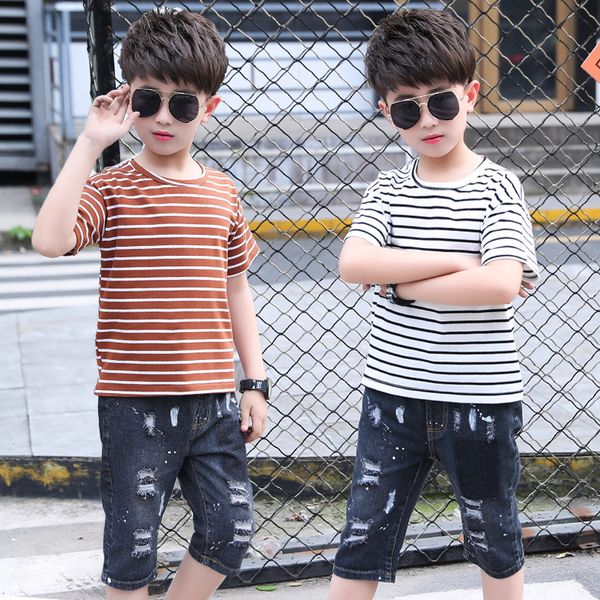 

3 6 8 9 10 12 years new summer striped boys clothing sets children t-shirt short sleeve +jeans set kids baby boys clothes, White