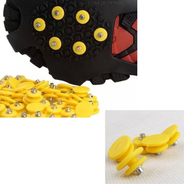 

100 pieces crampon cleats climbing spikes snow ice grippers non-slip studs yellow, fit boots, sneakers, casual and dress shoes