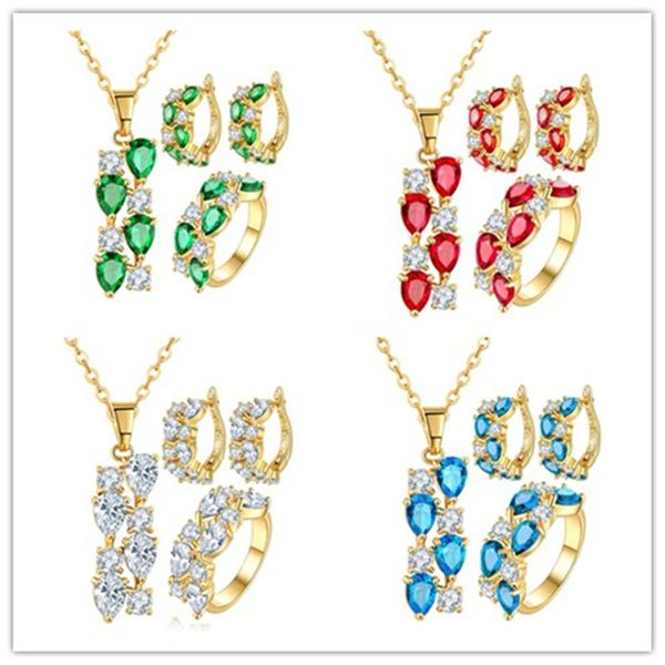 

new fashion wedding jewelry sets for women gold color white/green/blue/red cz zircon necklace hoop earring ring set mix colors, Slivery;golden