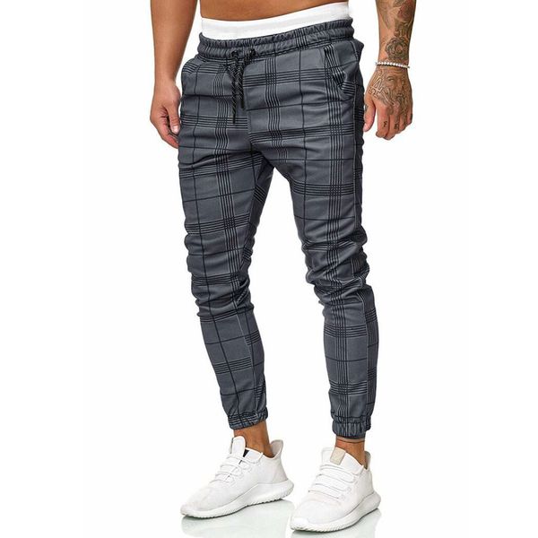 

feitong hip hop boy plaid elastic waist design sweatpants men streetwear punk casual trousers jogger male fashion dark gray pant, Black