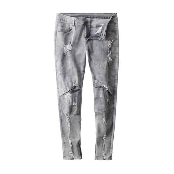 

men's fashion slim holes pleated pocket jeans pants long pants casual #3l29, Blue