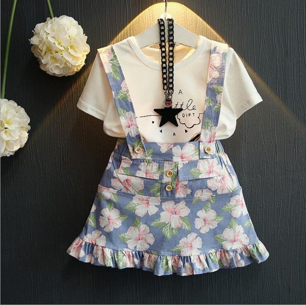

girls outfits korean floral suspender dress 2pcs clothing sets tshirt+skirts children designer clothes baby tracksuit kids boutique clothing, White