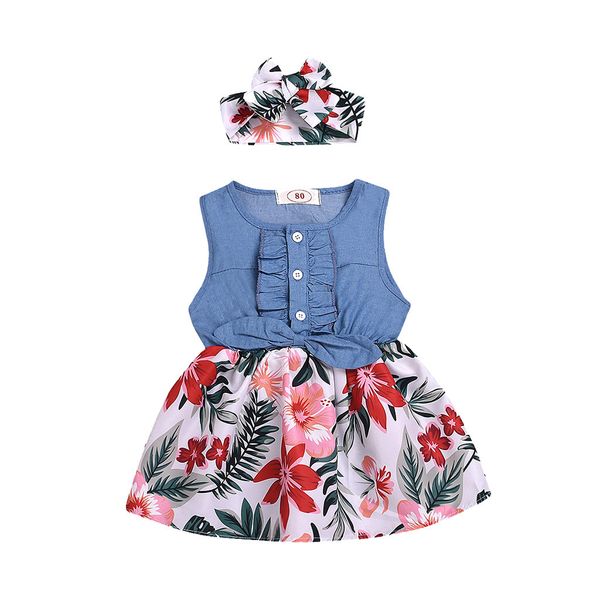 

Summer New Fashion Toddler Baby Girls Sleeveless Bow Flower Leaf Print Denim Dress+Headband Outfits Wholesale Free Ship Z4
