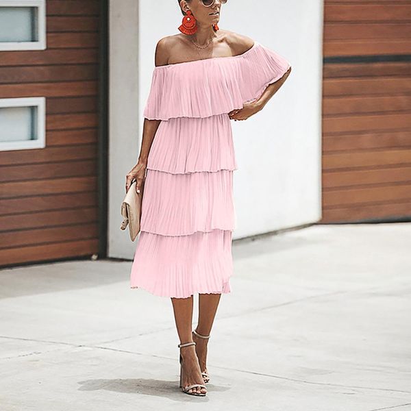 

платье способа женщин 2019 новые артистического шифон с плечом оборок бабочки рукав твердых партий вечера layered платье горячей, Black;gray